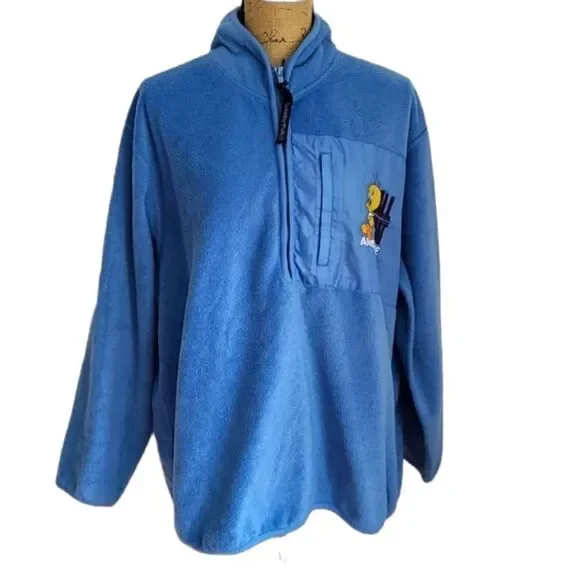 Vintage 90s Y2K Kidcore Looney Tunes Blue Tweety Bird Pullover Fleece - Picture 1 of 14